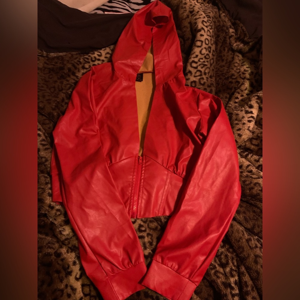 Red leather jacket.